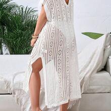 Swim Lushore Plus Size Hollow Out Split Thigh Cover Up Dress Without Bikini Summer - Marrón - Ver 3