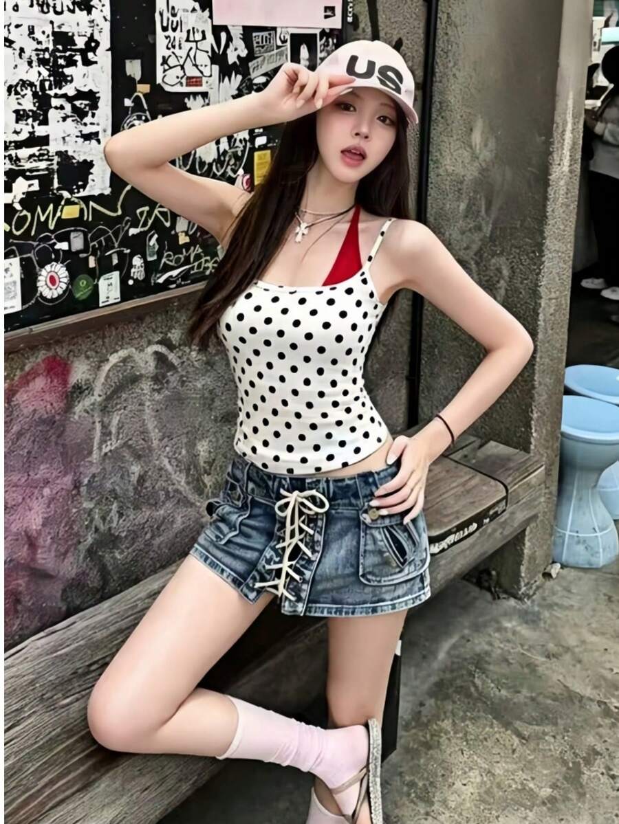 Áo hai dây chấm bi trắng 2 trong 1, áo croptop không tay hở lưng cho mùa hè - trắng - Xem 1