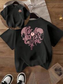 Camiseta con Estampado de Calavera y Ojo de Pulpo, Camiseta de Algodón de 220 g/m² con Estampado de Doble Cara para Mujer, Estilo Casual y a la Moda, Cuello Redondo (1 Pieza) - Negro - Ver 4