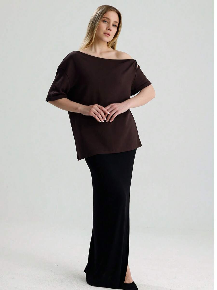 RoseArya Cotton Boat Neck Buckle Detail T-Shirt - Brown - View 1