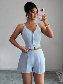 de 2 piezas de top con botones delanteros y dobladillo con abertura + shorts de unicolor casual y de uso diario para mujer - Azul y blanco - Ver 3