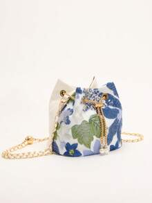 1pc Colorful PVC Floral & Leaf Pattern Embroidered Linen Bucket Bag, New Holiday Style Shoulder Bag, Fashion Versatile Chain Crossbody Bag (Floral Pattern Randomly Cut And Distributed) - Blue - View 5
