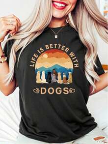 1 pieza de camiseta unisex de manga corta y cuello redondo 100% algodón - "LA VIDA ES MEJOR CON PERROS" - Diseño gráfico con temática de perros - Camiseta básica de verano para amantes de las mascotas - 210g 100% algodón, los diseños están impresos. Unisexo. - Negro - Ver 8