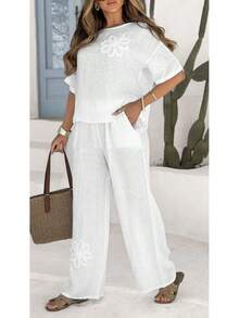 Women's Linen Blend Two-Piece Set With Embroidered Floral Top And Wide Leg Pants - 白色 - 查看 3