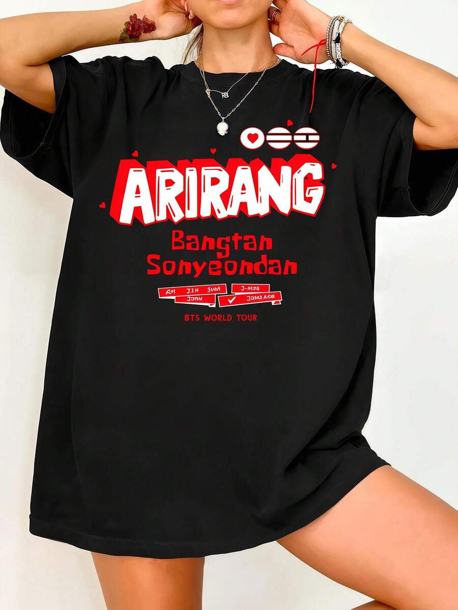 Bt.S Arirang T-Shirt. Vintage Graphic Print, Casual Black Cotton Short-Sleeved T-Shirt. - Black - View 1