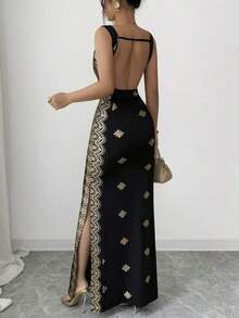 YHHSHEIN Raffinéa Vestido de verano nuevo para mujer, dorado brillante y negro, con cuello cuadrado, tirantes de espagueti, espalda descubierta, bajo con abertura, ajustado de cintura alta, adecuado para fiestas, bodas, banquetes de negocios, ocasiones diarias, galas, fiestas de boda y atuendos festivos. YHH - Negro - Ver 4