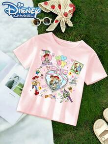 Mickey, Minnie, Donald Duck, Goofy, And Buzz Lightyear Balloon Castle Heart-Shaped Pattern, A Cute, Fresh, And Fashionable Disney Girls' Round Neck T-Shirt, 100% Pure Cotton, Is The Ideal Choice For Daily Wear, Holiday Leisure, Outdoor Exploration, School Life, And Shopping Trips. It's Also A Summer Must-Have Item And Makes An Excellent Disney Gift For Both Girls And Boys. - Pink - View 2