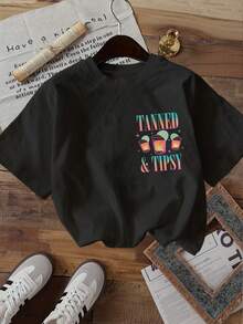 [Double-Sided Print] Women's Summer Clothing, Women's Short Sleeve, Vintage Style, Cup, Lime, TANNED& TIPSY Printed Round Neck Short Sleeve T-Shirt,Ca - 黑色 - 查看 2