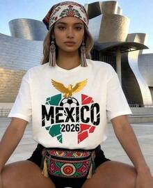 Camiseta con estampado de águila de colores de la bandera mexicana, camiseta de fútbol de la Copa Mundial 2026, adecuada para usar en vacaciones, top de verano para mujer. Ropa De Mujer / Ropa De Mujer De Uso Diario / Blusas, Camisas Y Camisetas De Mujer / Camisetas De Mujer Ropa Deportiva Basicos Mujer Short Playeras Para Hombre - Blanco - Ver 1