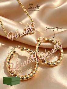1 Bộ bông tai và dây chuyền khắc tên Bling: Vòng tre tùy chỉnh, bộ trang sức cá nhân hóa, bộ bông tai và dây chuyền 5cm, kiểu phun cát, trang sức tùy chỉnh bằng thép không gỉ, bao gồm hộp quà, thích hợp làm quà tặng Ngày Valentine, màu hồng phun cát. - Màu hồng phun cát - Xem 1