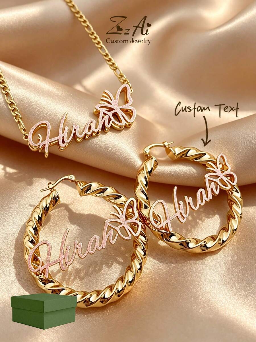 1 Bộ bông tai và dây chuyền khắc tên Bling: Vòng tre tùy chỉnh, bộ trang sức cá nhân hóa, bộ bông tai và dây chuyền 5cm, kiểu phun cát, trang sức tùy chỉnh bằng thép không gỉ, bao gồm hộp quà, thích hợp làm quà tặng Ngày Valentine, màu hồng phun cát. - Màu hồng phun cát - Xem 1