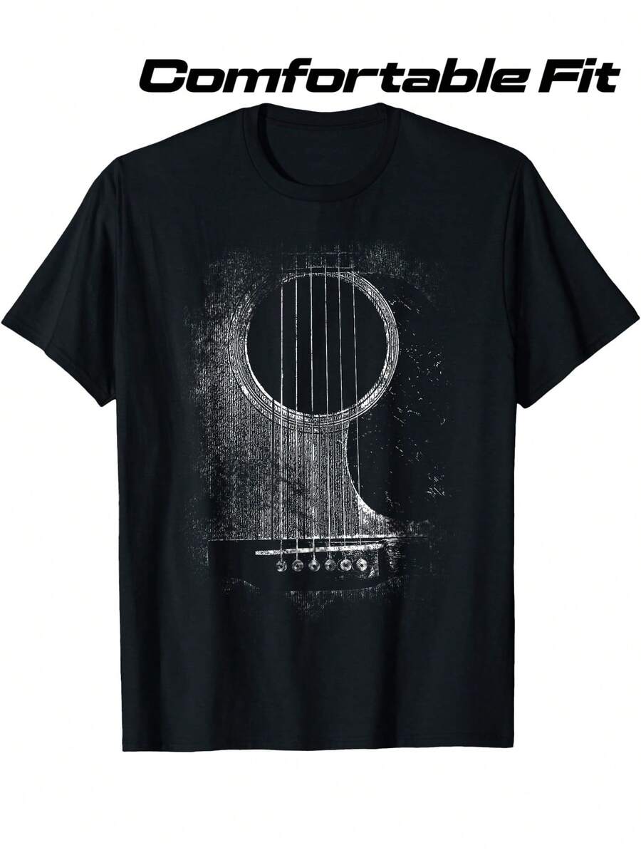 Camiseta de hombre con estampado de guitarra vintage - estilo rock clásico, suave y cómoda para el uso diario, camiseta de manga corta transpirable para amantes de la música en verano, blusas de estilo casual y cómodo para mujer, ideales para fiestas y uso diario, perfectas para vacaciones y momentos de ocio, excelentes para fiestas y vacaciones en familia. - Negro - Ver 1