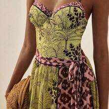 Women's 2 Pieces Botanical Print Sexy Spaghetti Strap One-Piece Swimsuit With Tie-Side Skirt, Summer - Multicolor - Ver 5