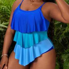 Plus Size Women's Summer Vacation Style Fluorescent Color Patchwork Layered Ruffle One-Piece Swimsuit - Multicolor - Ver 5