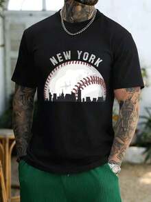 Camiseta con estampado gráfico de béisbol de Nueva York. Tejido premium, cuello redondo, corte holgado, cómoda, dise?o gráfico. - Negro - Ver 1