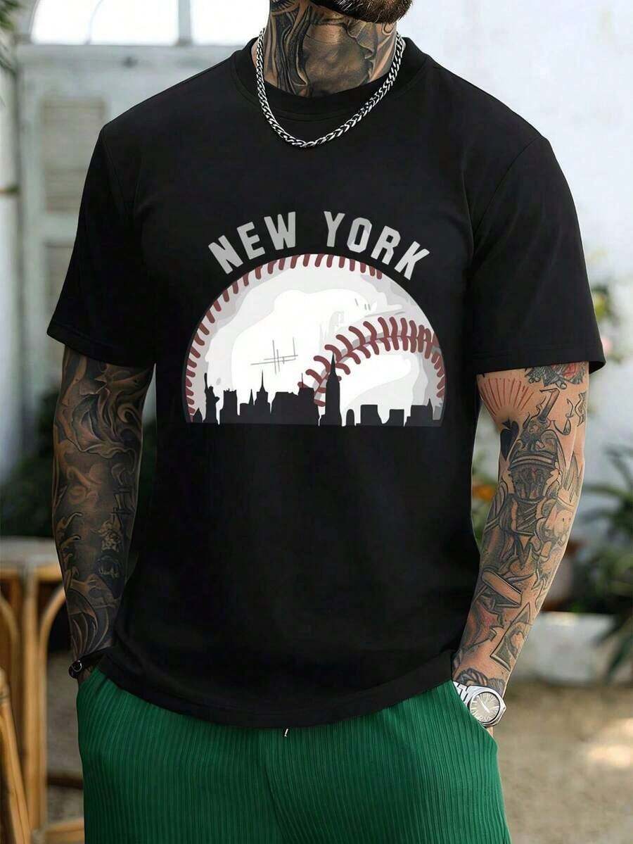 Camiseta con estampado gráfico de béisbol de Nueva York. Tejido premium, cuello redondo, corte holgado, cómoda, dise?o gráfico. - Negro - Ver 1