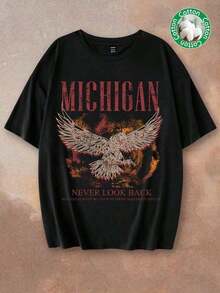 Camiseta de manga corta holgada con cuello redondo y estampado de águila para mujer, ideal para festivales de música, estilo casual, adecuada para salir. Estilo español, camiseta de mujer, ropa de calle casual de verano, transpirable, suave, duradera, ecológica, 100% algodón, cómoda, con estampado gráfico, holgada, oversize, playera de algodón, playera casual, pedido de exportación original. Camiseta básica de color sólido para mujer, camiseta interior. - Negro - Ver 9