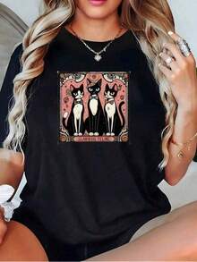 Women's Loose Short Sleeve T-Shirt With Print Mujer002 | Three Cats With Moon And Stars Print | Black | Machine Washable | Casual Sporty Crew Neck Top | Comfortable And Loose Fit | Unisex Holiday Gift | Loungewear | Spring And Summer Wear | Suitable For All Seasons | Breathable And Sweat-Absorbent For Sports, Running, And Hiking | Women's Clothing KOQY F18T - 黑色 - 查看 7