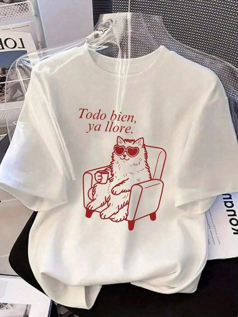 Camiseta de mujer talla grande, con el significado en español "Está bien, ya he llorado lo suficiente", con un gráfico de un gato con gafas de sol con forma de corazón sentado en un sillón bebiendo café. Camiseta casual de cuello redondo y manga corta, adecuada para primavera, otoño, verano, y apropiada para el Día de San Valentín/vuelta al colegio. Camiseta de mujer talla grande, ropa de vacaciones, atuendo del Día de San Valentín, parte superior, ropa de verano, ropa de mujer talla grande, atuendo del Día de San Valentín. - Blanco - Ver 1