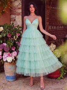 Faeriesty Elegant Spaghetti Strap Layered Ruffle Hem Chiffon Cami Dress, Suitable For Back To School, Parties And School Dances Wedding - Mint Green - View 5