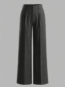 ANCHOSE 女士休闲弹力腰带灰白条纹裤，适合春夏穿着 - 灰色 - 查看 2