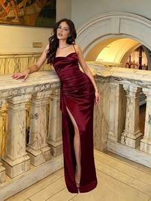 WOWDARK Summer Dress Wine Red Valentine's Day Outfit, Fashion Spaghetti Strap Ruched Slit Satin Party Dress, Elegant Dress Suitable For Valentine's Day, Dates, Gatherings, Parties, Travel, Vacation, Beach And More - Màu Đỏ Sâu - Xem 3