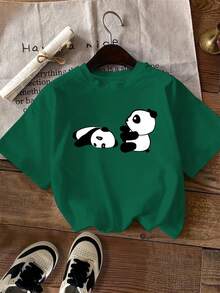 Camiseta de cuello redondo con estampado de panda, ropa de mujer de talla estándar, ropa de mujer - Camiseta de manga corta de algodón holgada unisex de estilo vintage urbano con cuello redondo. - Verde - Ver 1