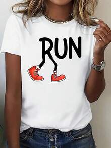 Camiseta casual de mujer parrimavera y verano, 1 pieza - Estampado de zapatilla de dibujos animados con letras RUN, cómoda, suave y transpirable, uni, adecu pararejas y hermanas, reuniones elegantes, regalos de festividades - Blanco - Ver 2
