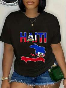 180G Mujer Camiseta Elegante de Orgullo de Haití - Diseño audaz de la bandera de Haití y texto impreso, disponible en negro con rojoazulverdeblancoanaranjado, adecuado para el Día de la Bandera y celebraciones nacionales. Tejido cómodo, camiseta casual de manga corta. - Oscuro - Ver 6