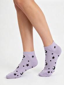 1/5 paires de chaussettes courtes d'été japonaises pour filles, motif étoiles et lune mignon. Chaussettes décontractées pour femmes avec motif céleste. Série de couleurs macaron, convient pour le port quotidien et les vacances - Multicolore - Voir 3