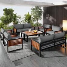 Garden Lounge Set, Garden Furniture Set With Galvanized Iron Frame (Large Set, 8-Piece Dining Table, 2 Two-Seater Sofas, 4 Individual Chairs, 2 Tables), Grey, Decorative Wooden Armrests. - Grey - View 11