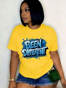 Camiseta de manga corta con estampado gráfico de gran tamaño para mujer, diseño inspirado en grafiti azul, estilo 'S Comfit, ropa de moda para mujer, estilo retro Y2K, ideal para amantes del campus, desplazamientos diarios, festivales de música, citas de brunch, top combinable. - Amarillo - Ver 4