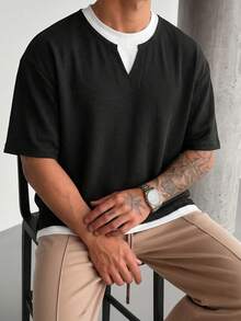 Chinpeno Camiseta de verano para hombre de cuello con muesca, de textura de gofre, de estilo casual elegante, transpirable y de punto con contraste - Negro - Ver 3