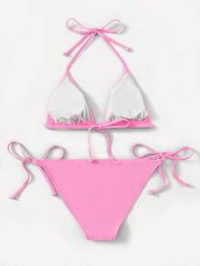 Women's Simple Solid Color Swim Bikini With A Halter Neck And Cutout, Suitable For Beach Vacations And Summer. - Rosa - View 2