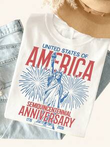 1 Piece Women's Graphic T-Shirt With USA 250th Semicentennial Design, Statue Of Liberty Fireworks Print, Summer T-Shirts, 4th Of July Outfit, Patriotic Aesthetic Cotton T-Shirts, 180g 100% Cotton. - 白色 - 查看 3