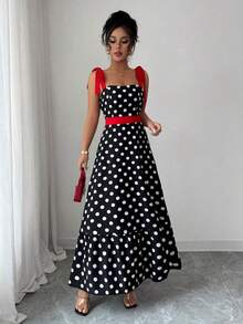 XHEElenzga Vestido de tirantes con estampado de lunares para mujerXHE - Negro - Ver 3