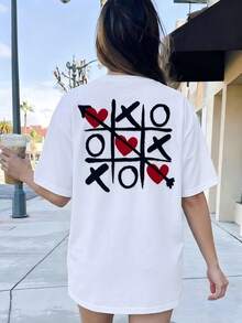Women's Round Neck Printed Short Sleeve T-Shirt, Casual Loose Fit, Super Soft & Comfortable Fabric, Ins Street Fashion Style, Classic All-Match Graphic Tee, Breathable Lightweight Daily Basic Top, Perfect For Daily Wear, Casual Vacation, Office Commute, Outdoor Going Out, Weekend Gathering, Shopping And Leisure Activities, Ladies  Oversized Casual Pullover T-Shirt - 白色 - 查看 2