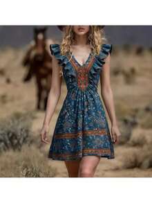 Women's Dress With Localized Print, New Spring-Summer 2026 Collection - Medium Wash - View 2