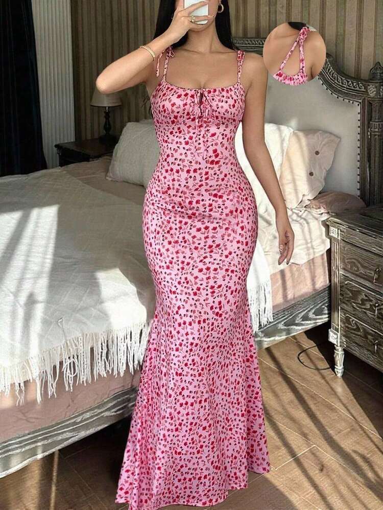 YHHVestido ajustado con lazo delantero con estampado floral pequeño para mujerYHH - Multicolor 3 - Añade 8