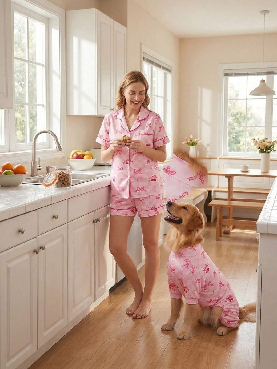 Bộ đồ ngủ mùa hè cho chó và chủ, kiểm soát rụng lông - Bộ đồ liền thân thoáng khí, co giãn cao, che phủ toàn thân, chống liếm và chống côn trùng cho chó cỡ vừa và lớn, quần áo cho chó in họa tiết toàn thân - Họa tiết nơ và quả anh đào dễ thương - Nhiều màu - Xem 1