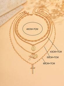 4pcs Vintage Metal Jesus Cross & Portrait Pendant Necklace Set, Multilayer Stylish Design Jewelry Suitable For Daily Wear, Travel, Party, Music Festival - Gold - View 5