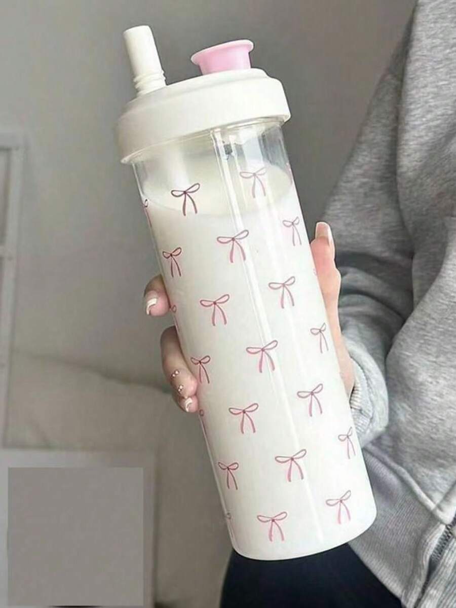 1个粉色蝴蝶结装饰500毫升/700毫升水瓶,珍珠奶茶风格夏季水杯,大容量加粗吸管塑料杯,适合女性和学生,旅行、日常使用、户外露营,女性礼物 - 彩色 - 查看 1
