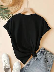Camiseta Retro de Mujer con Estampado de Corazones Negros - Manga Corta, Cuello Redondo, Poliéster Transpirable, Lavable aáquina, Ropa Casual de Verano con Corazones Multicolor (Marrón/Beige/Rosa/Blanco), Cómoda para el Día a Día, Fácil Cuidado, Ajuste Relajado, Estilo Vintage, Material Duradero, Top Moderno - Negro - Ver 2