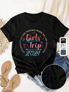 Camiseta de Mujer con Estampado de Viaje - Letras y Gráfico de Viaje 2024, Manga Corta Cómoda con Cuello Redondo, Ropa Deportiva Casual para Gimnasio, Entrenamiento, Atuendo casual - Ajuste H-Line para Todas las Estaciones (No) - Negro - Ver 2