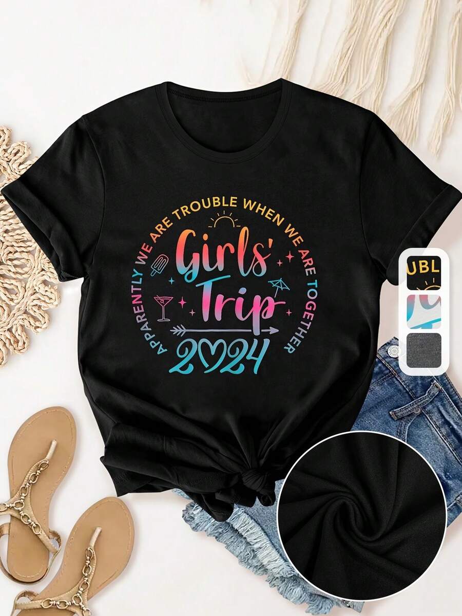 Camiseta de Mujer con Estampado de Viaje - Letras y Gráfico de Viaje 2024, Manga Corta Cómoda con Cuello Redondo, Ropa Deportiva Casual para Gimnasio, Entrenamiento, Atuendo casual - Ajuste H-Line para Todas las Estaciones (No)