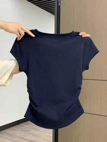 Camiseta casual versátil de mujer de unicolor, cuello redondo, manga corta y plisada - Azul marino 2 - Ver 2