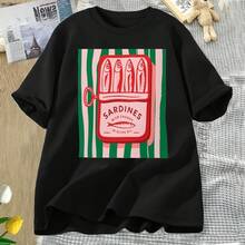 Camisetas de manga corta para mujer, 100% algodón, cuello redondo, camiseta con estampado vintage de lata de sardinas, impresión a una cara, top casual de manga corta, estampado retro de rayas y comida, transpirable y cómoda para uso diario para hombres/mujeres. - Negro - Ver 5
