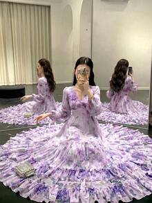 Women's Elegant Modern Romantic Floral Print Long Sleeve Ruffle Patchwork Design Luxurious Swing Dress With Ruffled Hem - Mauve Purple - View 2