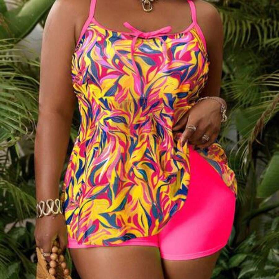 Plus Size Women Random Floral Print Tankini 2pcs/Set Camisole Style Swimwear, Beach Vacation, Summer - Rosa - Ver 1