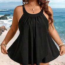 Swim Lushore Plus Size Women 2pcs Solid Color Mesh Patchwork Tummy Slimming Casual Vacation Tankini Swimwear For Summer Beach Vacation - Multicolor - Ver 7